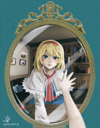 Rule 34 | 1girl, absurdres, alice margatroid, blonde hair, blue dress, blue eyes, bookshelf, capelet, couch, different reflection, dress, grimoire of alice, hairband, hand on mirror, highres, hoshiringo0902, lamp, lipstick, looking at mirror, makeup, mirror, red hairband, reflection, short hair, solo, touhou