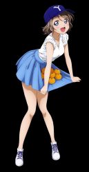 Rule 34 | 10s, 1girl, :d, bare legs, baseball cap, blue eyes, blue hat, blue skirt, blush, brown hair, collarbone, food, fruit, full body, hat, highres, leaning forward, legs, looking at viewer, love live!, love live! sunshine!!, open mouth, orange (fruit), shirt, shoes, short hair, short sleeves, skirt, skirt basket, skirt hold, sleeves rolled up, smile, sneakers, solo, standing, thighs, transparent background, visor cap, watanabe you, white footwear, white shirt