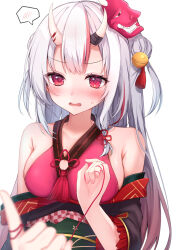 Rule 34 | 1girl, absurdres, bare shoulders, bell, black kimono, blush, breasts, cleavage, commentary request, gradient hair, grey hair, hair bell, hair ornament, highres, hololive, horns, iruka3, japanese clothes, jingle bell, kimono, long hair, mask, mask on head, medium breasts, multicolored hair, nakiri ayame, nakiri ayame (1st costume), off shoulder, oni mask, open mouth, out of frame, red eyes, red hair, simple background, skin-covered horns, solo focus, spoken blush, streaked hair, string, string around finger, string of fate, tassel, tassel hair ornament, upper body, virtual youtuber, wavy mouth, white background, white hair