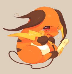 Rule 34 | bad id, bad pixiv id, beige background, blush, creatures (company), full body, game freak, gen 1 pokemon, hideko (l33l3b), hugging own tail, hugging tail, looking at viewer, nintendo, no humans, pokemon, pokemon (creature), raichu, red eyes, signature, simple background, sitting, solo, tail, tears