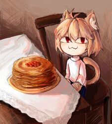Rule 34 | 1girl, :3, absurdres, animal ear fluff, animal ears, blonde hair, chair, closed mouth, cowboy shot, fangs, food, from above, highres, indoors, jazz the blini cat (meme), looking at viewer, meme, neco-arc, painterly, pancake, pancake stack, plate, red eyes, sitting, skin fangs, skirt, solo, sweater, table, tail, tsukihime, white sweater, yumesaki (pixiv 96093431)