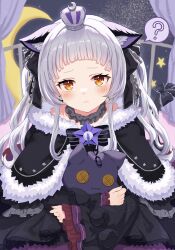 Rule 34 | 1girl, ?, absurdres, animal ears, arched bangs, black bow, black bowtie, black capelet, black dress, blush, bow, bowtie, capelet, cat ears, cat girl, cat tail, closed mouth, commentary, cowboy shot, crescent, crown, dress, frilled ribbon, frills, gothic lolita, grey hair, hair ribbon, highres, holding, holding stuffed toy, hololive, lolita fashion, long hair, long sleeves, looking at viewer, mei am0, mini crown, murasaki shion, murasaki shion (gothic lolita), official alternate costume, orange eyes, ribbon, short eyebrows, sidelocks, solo, spoken question mark, standing, star (symbol), straight-on, stuffed animal, stuffed toy, tail, twintails, virtual youtuber, wide sleeves