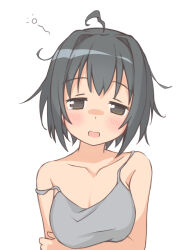 Rule 34 | 1girl, :o, ahoge, arm under breasts, bare shoulders, black hair, blush, breasts, brown eyes, camisole, cleavage, collarbone, half-closed eyes, head tilt, idolmaster, idolmaster cinderella girls, kohinata miho, kuwahara, light blush, looking at viewer, medium breasts, messy hair, off shoulder, open mouth, short hair, simple background, single tear, solo, squeans, teardrop, waking up, white background, wilted ahoge, yawning