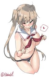 Rule 34 | 10s, 1girl, ;), ahoge, bad id, bad twitter id, black panties, blush, breasts, brown eyes, brown hair, closed mouth, collarbone, covered erect nipples, cowboy shot, cropped legs, detached collar, ebifurya, gluteal fold, highres, holding, inactive account, kantai collection, long hair, looking at viewer, medium breasts, murasame (kancolle), navel, neckerchief, no pants, one eye closed, panties, red neckerchief, sailor collar, simple background, smile, solo, stomach, thigh gap, topless, twintails, twitter username, underwear, very long hair, white background