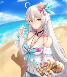Rule 34 | 1girl, absurdres, ahoge, bare shoulders, beach, bikini, bikini under clothes, blue sky, blush, breasts, cleavage, commentary request, dated, day, diamond-shaped pupils, diamond (shape), eating, from above, highres, holding, holding plate, honkai (series), honkai impact 3rd, jewelry, kiana kaslana, kiana kaslana (herrscher of the void), long hair, looking at viewer, medium breasts, navel, necklace, ocean, outdoors, plate, qualthis, sand, shell hair ornament, see-through, signature, silver hair, sky, solo, starfish, starfish hair ornament, sunlight, swimsuit, symbol-shaped pupils, very long hair, yellow eyes