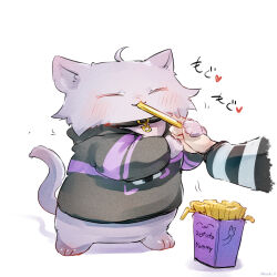 Rule 34 | 1other, animal focus, animalization, black hoodie, blush, closed eyes, commentary request, eating, food, french fries, highres, hololive, hood, hoodie, ikayaki (ikayaki4), nekomata okayu, nekomata okayu (1st costume), nekomata okayu (cat), onigirya (nekomata okayu), virtual youtuber