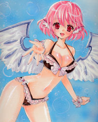 Rule 34 | 1girl, :d, animal ears, bad id, bad pixiv id, bikini, bird wings, blue background, breasts, cleavage, large breasts, looking at viewer, millipen (medium), mitsuba (threeleaf), mystia lorelei, navel, open mouth, pink eyes, pink hair, reaching, reaching towards viewer, ribbon, short hair, simple background, smile, solo, swimsuit, touhou, traditional media, wings