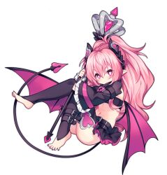 Rule 34 | 1girl, ao jun, ark order, bare shoulders, barefoot, belt, black belt, black leggings, black nails, black skirt, blush, bridal legwear, closed mouth, crop top, demon tail, demon wings, frilled sleeves, frills, full body, hair ornament, heart, heart-shaped lock, heart-shaped pupils, heart hair ornament, heart print, high ponytail, holding, holding staff, horns, leggings, lock, long hair, long sleeves, looking at viewer, multicolored nails, navel, official art, pink eyes, pink hair, pink nails, pink theme, pointy ears, sidelocks, skirt, smile, solo, staff, stomach, succubus (ark order), symbol-shaped pupils, tachi-e, tail, transparent background, very long hair, wide sleeves, wings