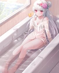 Rule 34 | 1girl, absurdres, barefoot, bath, bathtub, black bra, bra, breasts, cleavage, closed mouth, collarbone, collared shirt, commentary request, commission, dress shirt, flower, grey hair, hair flower, hair ornament, hand up, highres, honyang, indoors, korean commentary, long hair, long sleeves, looking at viewer, medium breasts, no panties, off shoulder, original, pink flower, pink rose, purple eyes, red flower, rose, rubber duck, see-through, shallow water, shirt, sleeves past wrists, solo, thighs, underwear, very long hair, water, wet, wet clothes, wet shirt, window