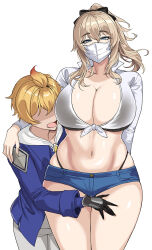 Rule 34 | 1boy, 1girl, age difference, ass, black gloves, blonde hair, blue eyes, bow, breasts, genshin impact, gloves, hair bow, hella p, hetero, highres, hood, hoodie, jean (genshin impact), large breasts, mask, mika (genshin impact), navel, open mouth, pants, ponytail, sex, size difference, thick thighs, thighs, thong, white background, white hoodie