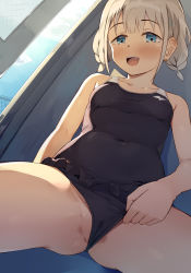 Rule 34 | 1girl, black one-piece swimsuit, blue eyes, blush, breasts, casual one-piece swimsuit, collarbone, covered navel, female pubic hair, frilled one-piece swimsuit, frills, highres, idolmaster, idolmaster shiny colors, long hair, looking at viewer, one-piece swimsuit, open mouth, partially visible vulva, pubic hair, pubic hair peek, seneto, serizawa asahi, short hair, short twintails, small breasts, smile, solo, spread legs, swimsuit, thighs, twintails, white hair