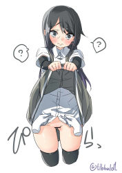 Rule 34 | 1girl, ?, arm warmers, asashio (kancolle), bar censor, black hair, black thighhighs, blue eyes, blush, censored, clothes lift, ebifurya, grey skirt, highres, kantai collection, lifted by self, long hair, no panties, pleated skirt, pussy, shirt, short sleeves, simple background, skirt, skirt lift, solo, speech bubble, spoken question mark, suspenders, thighhighs, twitter username, white background, white shirt