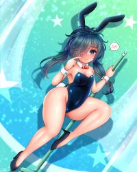 Rule 34 | 1girl, animal ears, bare legs, black hair, blue eyes, blue leotard, bow, bowtie, breasts, bunny day, commentary request, detached collar, full body, gradient hair, hair over one eye, highres, leotard, momiji nabe no nabe, multicolored hair, playboy bunny, pole dancing, pop&#039;n music, rabbit ears, rabbit tail, red bow, red bowtie, small breasts, solo, spoken blush, strapless, strapless leotard, tail, uta (pop&#039;n music), wrist cuffs