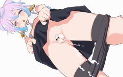 Rule 34 | 1boy, animated, artist request, blue hair, blush, censored, clothes lift, clothes pull, crossdressing, cum, ejaculation, erection, closed eyes, from below, hacka doll, hacka doll 3, highres, lifted by self, long hair, looking down, male focus, penis, purple eyes, shorts, shorts pull, skirt, skirt lift, small penis, solo, tagme, testicles, trap, white background
