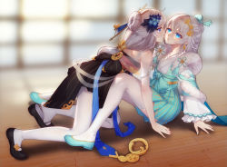 Rule 34 | 2girls, absurdres, blue eyes, china dress, chinese clothes, dress, flower, hair flower, hair ornament, highres, honkai (series), honkai impact 3rd, looking at another, multiple girls, pantyhose, selfcest, theresa apocalypse, zhuge kongming (honkai impact), thighhighs, white hair, white legwear, xiaomu (a414171448), yuri, zhuge kongming (honkai impact)