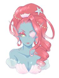 Rule 34 | blue skin, breasts, cleavage, colored skin, eyepatch, fins, fishgirl, head fins, lipstick, makeup, red hair, undertale, undyne