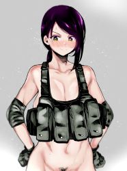 Rule 34 | 1girl, ammunition pouch, bare shoulders, belt, black gloves, black hair, blush, bottomless, breasts, chest rig, cleavage, closed mouth, collarbone, elbow pads, female pubic hair, female soldier, fuantei, gloves, green eyes, hands on own hips, hip focus, idolmaster, idolmaster cinderella girls, large breasts, long hair, looking at viewer, naked belt, out-of-frame censoring, ponytail, pouch, pubic hair, smile, soldier, solo, swept bangs, tactical clothes, yamato aki