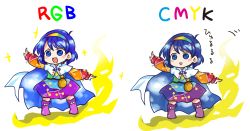 Rule 34 | 1girl, :d, arm up, belt pouch, blue eyes, blue hair, blush stickers, boots, cape, chibi, cmyk, dress, fire, hairband, highres, looking to the side, multicolored clothes, multicolored dress, open mouth, patchwork clothes, pote (ptkan), pouch, purple footwear, short hair, smile, standing, tenkyuu chimata, touhou, triangle mouth, two-sided cape, two-sided fabric, variations, white cape