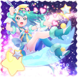 Rule 34 | 1girl, :d, absurdres, back bow, bloomers, blue bow, blue eyes, blue footwear, blue hair, blue pantyhose, bow, cure milky, hagoromo lala, hair ornament, hairband, heart, high heels, highres, holding, holding pen, looking away, magical girl, open mouth, pantyhose, pen, precure, puffy sleeves, revision, see-through, see-through sleeves, shoes, shooting star hair ornament, short hair, single leg pantyhose, sky, smile, solo, star (sky), star (symbol), star color pen, star hair ornament, star in eye, star twinkle precure, starry sky, symbol in eye, underwear, wrist cuffs, yellow hairband, yupiteru