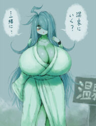 Rule 34 | 1girl, 2b-ge, ahoge, bags under eyes, breasts, cleavage, coat, eyelashes, female focus, green theme, hair over one eye, highres, huge breasts, japanese text, long hair, looking at viewer, mei (2b-ge), original, sign, solo, spot color, standing, translation request, very long hair, wide hips