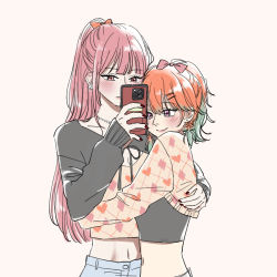Rule 34 | 2girls, blush, cellphone, couple, earrings, feather earrings, feathers, gradient hair, holding, holding phone, hololive, hololive english, hug, jewelry, long hair, mirror, mori calliope, multicolored hair, multiple girls, orange hair, phone, pink hair, reflection, sein 025, selfie, smartphone, smile, takanashi kiara, taking picture, virtual youtuber, yuri