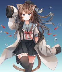 Rule 34 | 1girl, animal ear fluff, animal ears, black hat, black skirt, black thighhighs, blue background, blue bow, blue sailor collar, bow, bowtie, braid, brown footwear, brown hair, cat ears, frilled sailor collar, frills, hair bow, hat, heripiro, highres, jacket, on floor, original, pleated skirt, red bow, red bowtie, sailor collar, shirt, shoes, skirt, sleeves past fingers, sleeves past wrists, solo, standing, standing on one leg, thighhighs, white jacket, white shirt