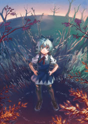 Rule 34 | 1girl, absurdres, bad id, bad pixiv id, black thighhighs, blouse, bow, chibi maru, cirno, collared shirt, dress, embodiment of scarlet devil, eyebrows hidden by hair, female focus, full body, hair between eyes, hair bow, hands on own hips, highres, nature, outdoors, pinafore dress, shirt, sky, sleeveless dress, solo, thighhighs, touhou, white hair, white shirt