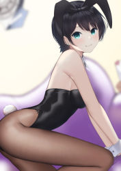 Rule 34 | 1girl, animal ears, aqua eyes, bare shoulders, black hair, black hairband, black pantyhose, blurry, blurry background, blush, breasts, brown pantyhose, closed mouth, commentary request, cushion, depth of field, dutch angle, earrings, fake animal ears, fake tail, from side, hairband, jewelry, kanojo okarishimasu, leaning forward, leotard, looking at viewer, looking to the side, mari (doraerin0), medium breasts, pantyhose, playboy bunny, rabbit ears, rabbit tail, sarashina ruka, short hair, sideboob, smile, solo, stud earrings, tail, thighs, wrist cuffs