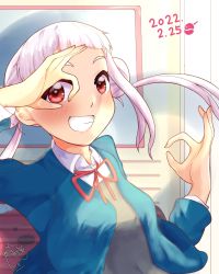 Rule 34 | 1girl, arashi chisato, artist name, artist request, blue cardigan, blue jacket, blush, bow, bowtie, breasts, buttons, cardigan, classroom, close-up, collared shirt, cropped jacket, double bun, double ok sign, dress, dress shirt, female focus, floating hair, grey shirt, hair bun, hair tie, highres, indoors, jacket, long hair, long sleeves, looking at viewer, love live!, love live! superstar!!, nail, nail polish, neck ribbon, ok sign, ok sign over eye, parted lips, pink nails, red bow, red eyes, red ribbon, ribbon, school uniform, sharp teeth, shirt, small breasts, smile, solo, teeth, twintails, upper body, wavy hair, white hair, white shirt, wing collar, yuigaoka school uniform