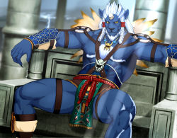 Rule 34 | 00s, 1boy, bara, final fantasy, final fantasy x, final fantasy x-2, horns, presenting, kimahri ronso, looking at viewer, male focus, muscular, piercing, pointy ears, silver hair, sitting, solo, tagme