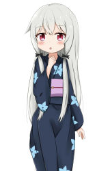 Rule 34 | 10s, 1girl, :o, black kimono, blush, commentary request, floral print, grey hair, hair between eyes, hair ornament, hand up, highres, japanese clothes, jiu (sdesd3205), kimono, long hair, long sleeves, looking at viewer, obi, parted lips, print kimono, red eyes, sash, simple background, solo, sophie twilight, tonari no kyuuketsuki-san, very long hair, white background, wide sleeves