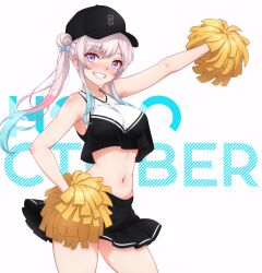 1girl absurdres airani_iofifteen alternate_costume baseball_cap black_hat black_skirt blue_bow blue_hair blush bow breasts cheering cheerleader commentary contrapposto crop_top crop_top_overhang gradient_hair grin hair_bow hair_bun hand_on_own_hip hat highres holding holding_pom_poms hololive hololive_indonesia long_hair looking_at_viewer medium_breasts miniskirt multicolored_hair navel outstretched_arm p-nekoe pink_hair pleated_skirt pom_pom_(cheerleading) pom_poms purple_eyes side_ponytail side_up_bun single_side_bun skirt sleeveless smile solo standing stomach swept_bangs text_background virtual_youtuber white_background white_hair