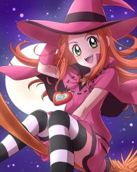 Rule 34 | 00s, 1girl, :d, between legs, blush, broom, broom riding, cape, chocolat meilleure, dress, fangs, feet out of frame, flying, full moon, gloves, green eyes, hand between legs, hand on headwear, hand up, hat, heart, heart necklace, high collar, highres, jewelry, knees together feet apart, long hair, looking at viewer, moon, necklace, night, night sky, open mouth, orange hair, outdoors, pink cape, pink dress, pink gloves, purple sky, sekina, sky, smile, solo, star (sky), starry sky, striped clothes, striped thighhighs, sugar sugar rune, thighhighs, witch hat