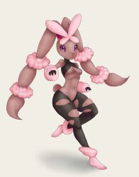 Rule 34 | 2018, absurdres, alternate color, animal ears, black sclera, breasts, brown fur, colored sclera, creatures (company), furry, furry female, game freak, gen 4 pokemon, highres, lavenderaraliya, looking at viewer, lopunny, mega lopunny, mega pokemon, navel, nintendo, pantyhose, pink fur, pokemon, pokemon (creature), rabbit ears, rabbit paws, red eyes, shiny pokemon, small breasts, torn clothes, torn pantyhose, underboob