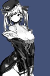 Rule 34 | 10s, 1girl, bare shoulders, beret, blue background, blue theme, breasts, breasts out, cucouroux (granblue fantasy), dress, female focus, granblue fantasy, hair ribbon, hat, jacket, koza game, long hair, long sleeves, looking away, looking to the side, medium breasts, monochrome, nipples, ribbon, simple background, solo, twintails