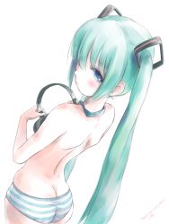 Rule 34 | 1girl, aqua eyes, aqua hair, ass, butt crack, from behind, hatsune miku, headphones, headphones removed, highres, huge ass, kowiru, long hair, looking at viewer, looking back, necktie, no pants, panties, simple background, solo, striped clothes, striped panties, topless, twintails, underwear, vocaloid, wide hips