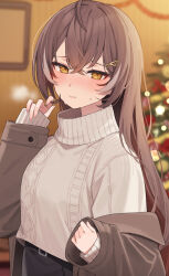 Rule 34 | 1girl, absurdres, ahoge, aotake iro, blurry, blurry background, blush, brown eyes, brown hair, casual, christmas tree, hair between eyes, hair down, hair ornament, hairclip, highres, hololive, hololive english, jacket, jacket partially removed, long hair, looking at viewer, nanashi mumei, sleeves past wrists, solo, sweat, sweatdrop, sweater, upper body, virtual youtuber