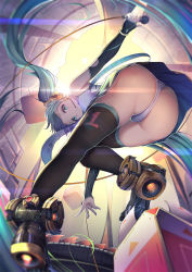 Rule 34 | 1girl, aqua eyes, aqua hair, ass, backlighting, bare shoulders, black thighhighs, blurry, cable, commentary request, depth of field, detached sleeves, floating hair, from below, full body, hair ornament, hatsune miku, huge ass, knees together feet apart, long hair, looking at viewer, looking down, microphone, miniskirt, necktie, panties, parted lips, skirt, solo, thighhighs, twintails, underwear, very long hair, vocaloid, white panties, xiaosan ye