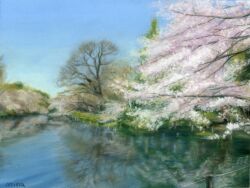 Rule 34 | absurdres, amima amita, bare tree, blue sky, cherry blossoms, day, forest, highres, nature, no humans, original, painting (medium), reflection, reflective water, scenery, sky, traditional media, tree