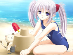 Rule 34 | 00s, 1girl, beach, cat, elf, game cg, long hair, name tag, nishimata aoi, official art, one-piece swimsuit, pointy ears, primula, school swimsuit, shuffle!, silver hair, smile, stuffed animal, stuffed toy, swimsuit, twintails