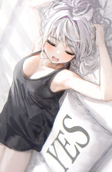Rule 34 | 1girl, absurdres, black tank top, blush, braid, breasts, cleavage, closed eyes, commentary request, drooling, grey hair, hidulume, highres, lying, medium breasts, mole, mole under eye, on back, open mouth, original, saliva, sleeping, tank top, thighs, yes-no pillow