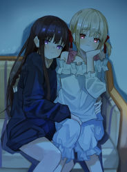 Rule 34 | 2girls, absurdres, black hair, blonde hair, blue hoodie, blush, closed mouth, commentary request, couch, dark, frilled shirt, frilled shorts, frills, hair ribbon, hand on another&#039;s back, hand on another&#039;s hip, highres, hood, hood down, hoodie, hug, indoors, inoue takina, long hair, long sleeves, looking at viewer, lycoris recoil, multiple girls, nappi0110, nishikigi chisato, purple eyes, red eyes, red ribbon, ribbon, shirt, short hair, short twintails, shorts, sitting, smile, twintails, white shirt, white shorts, yuri