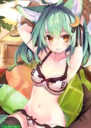 Rule 34 | 1girl, absurdres, ahoge, animal ears, armpits, arms behind head, arms up, bare shoulders, bean bag chair, black ribbon, bra, breasts, cleavage, collarbone, desk, food, food-themed hair ornament, fox ears, fox girl, fox tail, fruit, green hair, hair ornament, highres, lingerie, long hair, looking at viewer, melon, melon hair ornament, melonbooks, navel, orange eyes, panties, pillow, ribbon, scan, shirokitsune, sitting, small breasts, smile, solo, stomach, tail, thighhighs, underwear, undressing, white bra, white panties