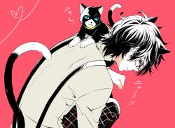 Rule 34 | 10s, 1boy, amamiya ren, animal ears, bad id, bad pixiv id, black hair, blue eyes, cat, cat ears, cat tail, chiki (chikin bone), looking at viewer, male focus, persona, persona 5, pink background, short hair, smile, solo, tail