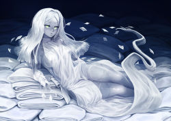Rule 34 | 1girl, barbariank, bare shoulders, breasts, cloth, colored skin, covered erect nipples, female focus, full body, green eyes, highres, imageboard desourced, ittan-momen (monster girl encyclopedia), long hair, looking at viewer, md5 mismatch, medium breasts, monochrome, monster girl, monster girl encyclopedia, non-web source, parted lips, reclining, resized, sideboob, solo, spot color, tabard, transparent, upscaled, white hair, white skin