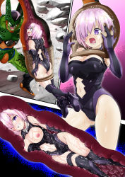 Rule 34 | 1girl, absorbing, absurdres, armored boots, asymmetrical legwear, back cutout, boots, breasts, breasts out, bright pupils, cell (dragon ball), cleavage, clothing cutout, commission, dragon ball, dragonball z, elbow gloves, fate/grand order, fate (series), gloves, gluteal fold, hair over one eye, highres, inside creature, large breasts, leotard, light purple hair, mash kyrielight, navel cutout, nipples, one eye closed, purple eyes, semi-perfect cell, short hair, skeb commission, slime (substance), susuanpan, tail vore, tears, vore, wince