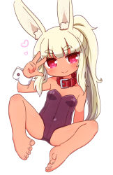 Rule 34 | 1girl, animal ear fluff, animal ears, bare legs, bare shoulders, barefoot, blonde hair, blush, breasts, closed mouth, collar, commentary request, covered navel, dark-skinned female, dark skin, etrian odyssey, feet, full body, hand up, heart, heart-shaped pupils, high ponytail, highres, leotard, long hair, masurao (sekaiju), naga u, ponytail, purple leotard, rabbit ears, red collar, red eyes, sekaiju no meikyuu, sekaiju no meikyuu 5, simple background, small breasts, smile, solo, strapless, strapless leotard, symbol-shaped pupils, thick eyebrows, toes, very long hair, w, white background, wrist cuffs