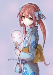 Rule 34 | 10s, 1girl, artist name, asagumo (kancolle), brown hair, gradient background, green eyes, hair ribbon, hairband, hand fan, japanese clothes, kantai collection, kimono, konkito, long hair, looking to the side, open mouth, paper fan, ribbon, solo, twintails, uchiwa, yukata