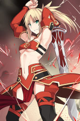 Rule 34 | 1girl, armpits, arms up, bare shoulders, blonde hair, breasts, clarent (fate), commentary request, detached sleeves, fate/grand order, fate (series), green eyes, grin, holding, holding sword, holding weapon, long hair, looking at viewer, medium breasts, mordred (fate), mordred (fate/apocrypha), navel, ponytail, shiseki hirame, smile, solo, standing, sword, underboob, weapon