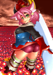 Rule 34 | 1girl, 7th dragon, 7th dragon (series), animal ears, ass, boots, breasts, cat ears, d01, field, fighter (7th dragon), floro (7th dragon), flower, flower field, gauntlets, gloves, green eyes, hair bobbles, hair ornament, harukara (7th dragon), huge weapon, knee boots, looking at viewer, looking back, over shoulder, pink hair, short hair, smile, solo, striped clothes, striped thighhighs, sword, sword over shoulder, thighhighs, weapon, weapon over shoulder